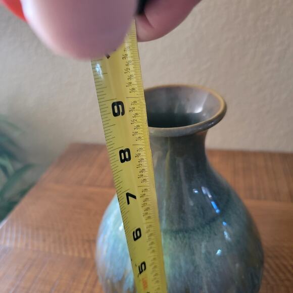 Vintage Drip Glaze Ceramic Vase in Teal and Brown with Flared Rim 8.5 Inch Tall - Picture 7 of 10